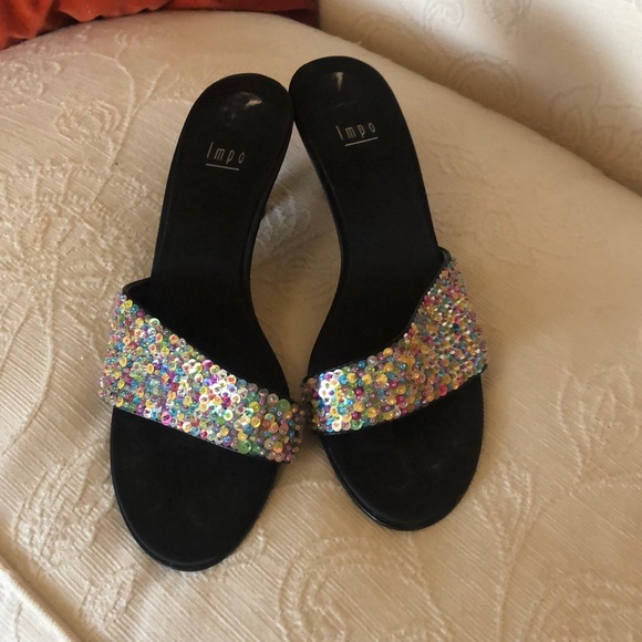 Impo Shoes - Sequin + beaded kitten slide on heels sz 10